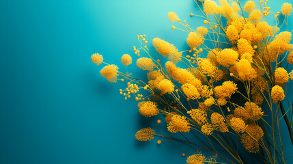 Flowers Composition: Mimosa Flowers on Blue Background, Springtime Floral Arrangement with Yellow Blooms, Botanical Artwork, Nature Inspired Design, Tranquil Floral Aesthetic, Generative AI

