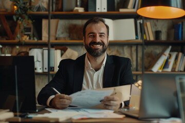 Fototapeta na wymiar Financier investor works with documents and accounts inside office, businessman with beard smiling satisfied with work results and achievements, man inside office with laptop working, Generative AI