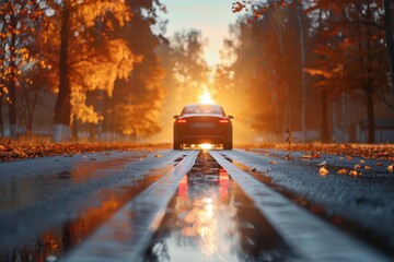 A lone car drives on a glistening wet street, reflecting the golden sunset amidst a backdrop of autumn trees - obrazy, fototapety, plakaty