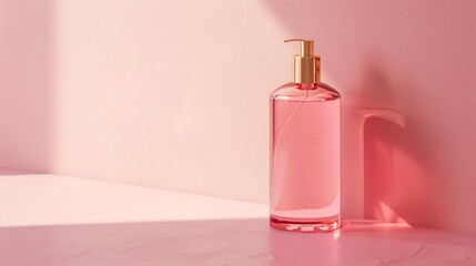 Naklejka premium A mockup of an elegant bottle of toner, placed on a minimalistic podium with a pastel pink background with soft lighting. Generated by artificial intelligence.