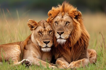 African lion couple. Pair of wildlife pride predator animals. Generate ai - obrazy, fototapety, plakaty