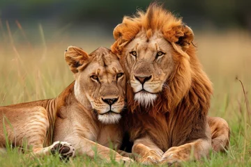 Papier Peint photo Lavable Visage de femme African lion couple. Pair of wildlife pride predator animals. Generate ai