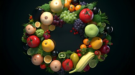 Fruits and vegetables in a wreath on a dark background.