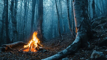 the enchantment of a bonfire in a dense beech forest, with the flames casting a warm light on the smooth, silver-gray trunks, creating a magical scene - obrazy, fototapety, plakaty