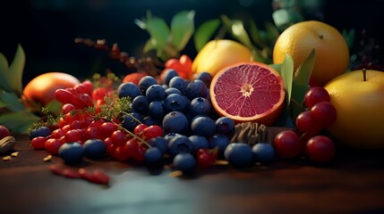 Fruits and berries on wooden table. Healthy food concept. Selective focus.