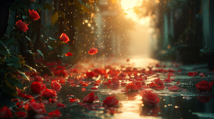 Naklejka premium Romantic Corner in Kolkata at Dawn, Red Roses from the Sky 