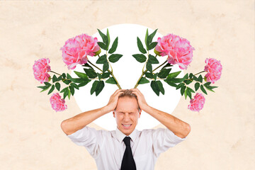 Composite photo collage of man hold head frown grimace forget women day flowers bouquet greeting...