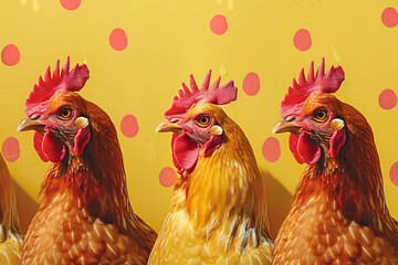 Naklejka premium Three red chickens against a yellow polka-dot background looking to the right
