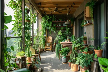 Lots of beautiful green lush indoor plants on the terrace. Decoration and landscaping of the...
