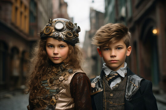 Picture of cute child character wear retro steampunk costume made with generative ai concept
