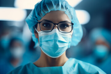 Generative IA picture modern operating room in futuristic surgery clinic team of professionals operating patient