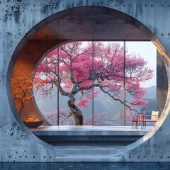modern architecture with cherry blossom tree