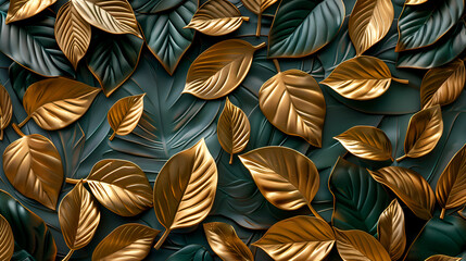 Leaves background. 3d mural floral wallpaper. golden, A white sheet of paper shows flowers with pink petals, golden buds, and green leaves. The trunks of the plants and the veins Generative Ai