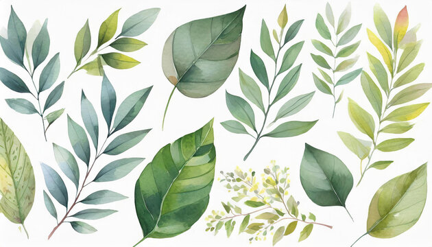 Diferentes tipos de hojas de arboles, pintadas con acuarela, separadas unas de otras. algunas son rosadas