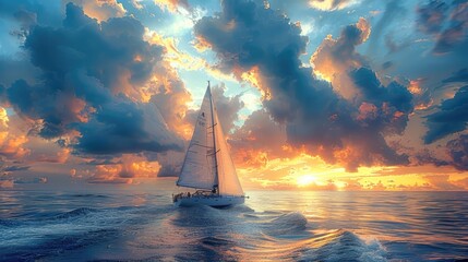 a boat sailing on the open sea with the sky filled. A sailboat on the ocean at sunset. - obrazy, fototapety, plakaty