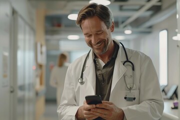 Male doctor in a white coat in a modern clinic reads information from a mobile phone corresponds with colleagues happy and smiles, Generative AI