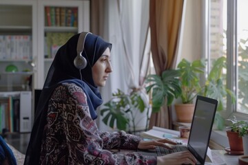 Joyful woman in hijab working from home remotely, Muslim woman talking on video call using headset and laptop, businesswoman working remotely at home, Generative AI