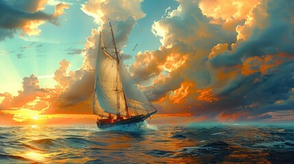 a boat sailing on the open sea with the sky filled. sailboat on a rough sea. - obrazy, fototapety, plakaty