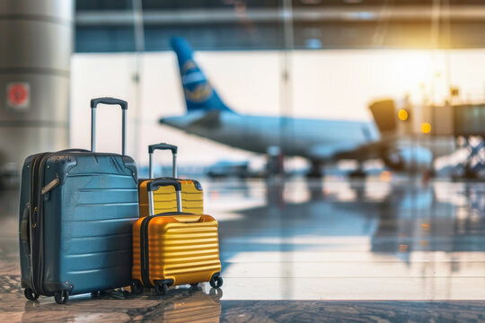 Suitcases in airport terminal waiting area. Vacation snd travel concept.