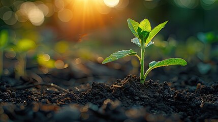 A seed sprouting from the soil with small holes full. A green plant is growing out of brown soil toward a bright light. - obrazy, fototapety, plakaty