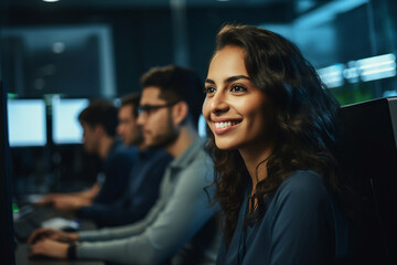 Hard working person in modern interior office programming writing web java script code AI technology generation