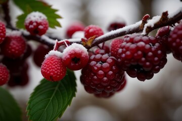 winter red berries frozen by snow and ice