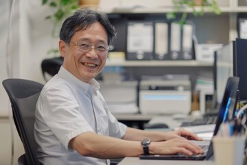 Successful mature asian working inside office using laptop, man typing on keyboard and smiling, businessman in shirt and glasses satisfied with work and achievement results, Generative AI