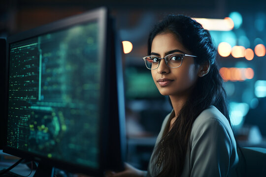 Hard working person in modern interior office programming writing web java script code AI technology generation