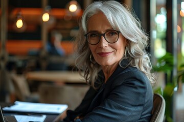 Portrait of senior mature female financier at workplace, gray haired businesswoman smiling and looking at camera doing paperwork, boss in business suit using laptop inside office, Generative AI - obrazy, fototapety, plakaty