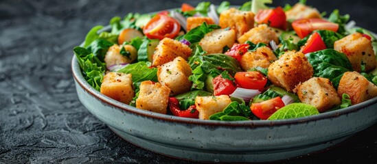 Caesar Salad top view. salad with lettuce, tomatoes, and croutons in a bowl. The salad is dressed with a light vinaigrette dressing. - obrazy, fototapety, plakaty