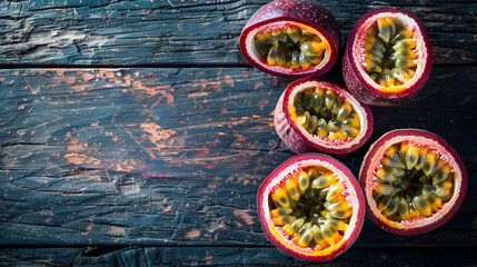 Obraz na płótnie Canvas Fresh Passion Fruit on Wood Table in Top View Flat Lay, Ripe Tropical Exotic Fruit Display, Organic Healthy Eating Concept, Natural Food Background, Delicious Juicy Passionfruit, Generative AI