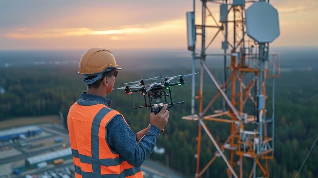 Telecommunication engineer using drones to inspect 5G tower