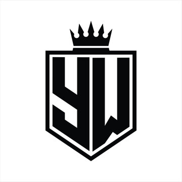 YW Logo monogram bold shield geometric shape with crown outline black and white style design