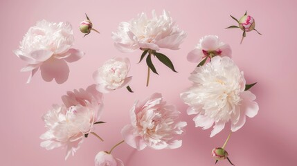 white peonies with shadows on pink canvas