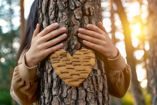 hands of a young woman hug a tree in the forest and show a sign of heart and love for nature, Generative AI