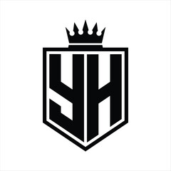YH Logo monogram bold shield geometric shape with crown outline black and white style design