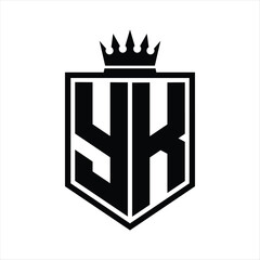 YK Logo monogram bold shield geometric shape with crown outline black and white style design
