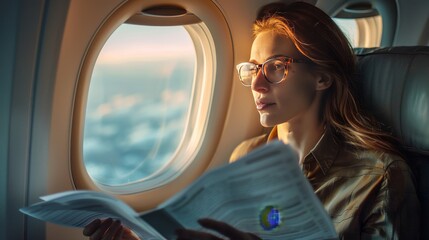 Fototapeta premium The serene scene of a business professional reviewing documents on a flight