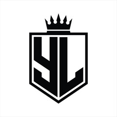 YL Logo monogram bold shield geometric shape with crown outline black and white style design