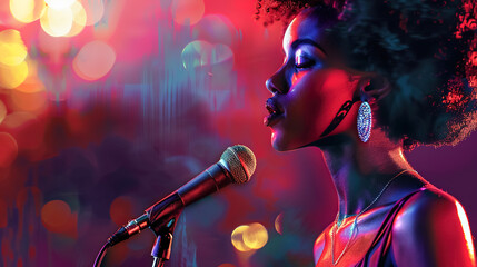 Soulful jazz black singer performs emotionally on stage with dim lighting, face softly illuminated by spotlight, warm stage atmosphere with neon haze - obrazy, fototapety, plakaty