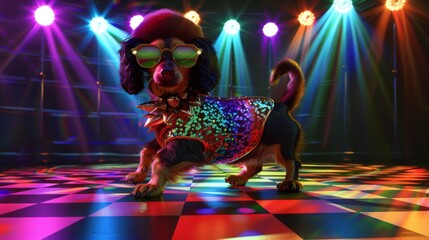 A dog with a playful attitude is decked out in a sparkling vest and cool sunglasses, ready to dance...