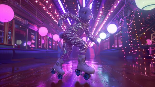 A fun representation of a bunny roller skating in a glittery outfit with a colorful disco ambiance in the background.