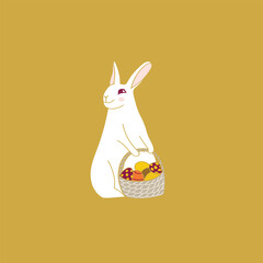 Easter bunny with a basket of eggs. Vector illustration for Easter holiday for greeting cards, posters, flyers.