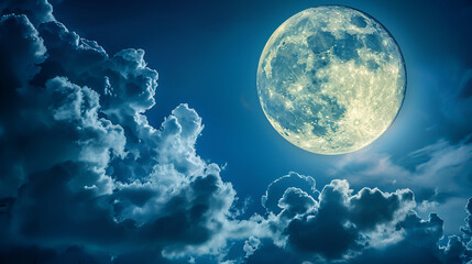 Full Moon at Night with a Cloud Passing Over, Mystical Moonlit Sky with Copy Space, Serene Nighttime Landscape, Lunar Beauty and Tranquility, Generative AI

