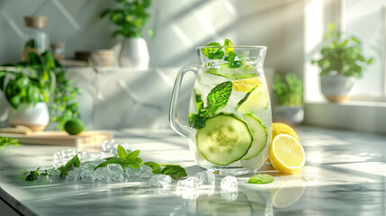 Sunlit pitcher of detox water with lemon, cucumber, and mint on a wet kitchen table