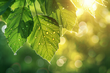 Green leaves with drops of water on a background of sunlight, a banner of the concept of spring nature. The background of the spring season with fresh green leaves of trees.