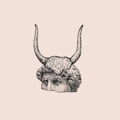 Sculpture of David with the horns of a bull. Spot work. Vector hand drawn illustration. Tattoo illustration, modern surreal art.