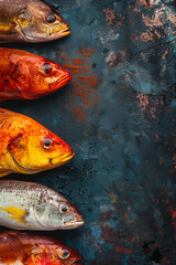 Top view image of fish with copy space for text. Food background. Generative AI. - 757322547