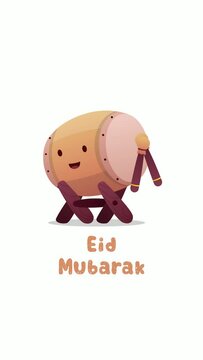 eid mubarak ramadan kareem animation with cute traditional islamic drum.eid mubarak greetings with cute object