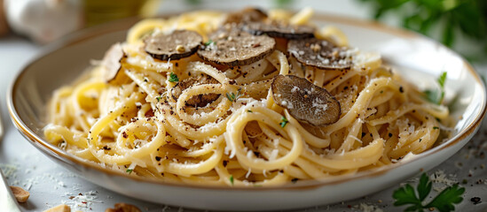 Plate with truffle pasta. Italian food, dish, meal, dinner. Healthy mediterranean diet eating.